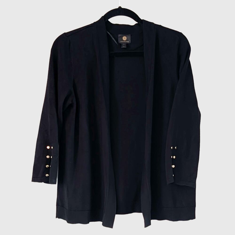 JM Collection Black Open Front Cardigan M Gold Stud Cuff Soft Knit Sweater